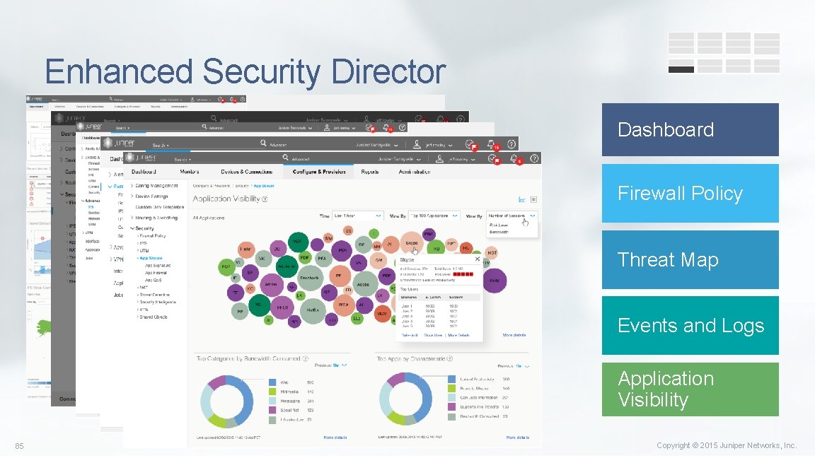 Enhanced Security Director Dashboard Firewall Policy Threat Map Events and Logs Application Visibility 85