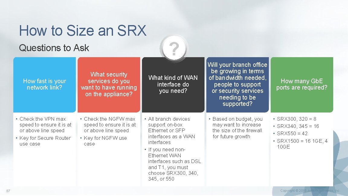 How to Size an SRX Questions to Ask 87 How fast is your network