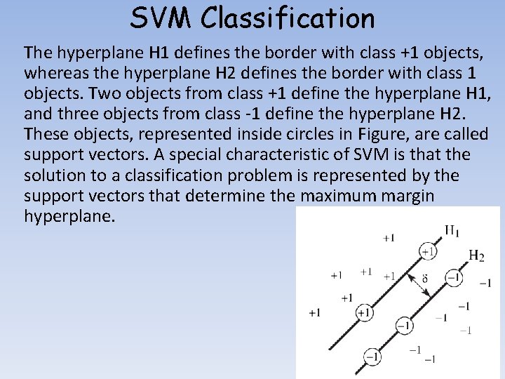 SVM Classification The hyperplane H 1 defines the border with class +1 objects, whereas