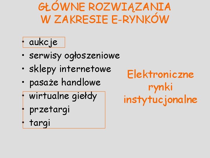 GŁÓWNE ROZWIĄZANIA W ZAKRESIE E-RYNKÓW • • aukcje serwisy ogłoszeniowe sklepy internetowe Elektroniczne pasaże