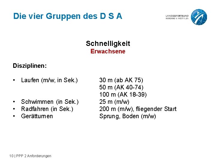 Die vier Gruppen des D S A Schnelligkeit Erwachsene Disziplinen: • Laufen (m/w, in