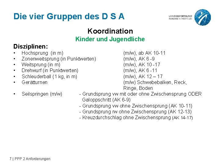 Die vier Gruppen des D S A Koordination Kinder und Jugendliche Disziplinen: • •