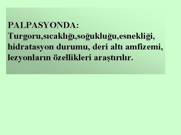 PALPASYONDA: Turgoru, sıcaklığı, soğukluğu, esnekliği, hidratasyon durumu, deri altı amfizemi, lezyonların özellikleri araştırılır. 