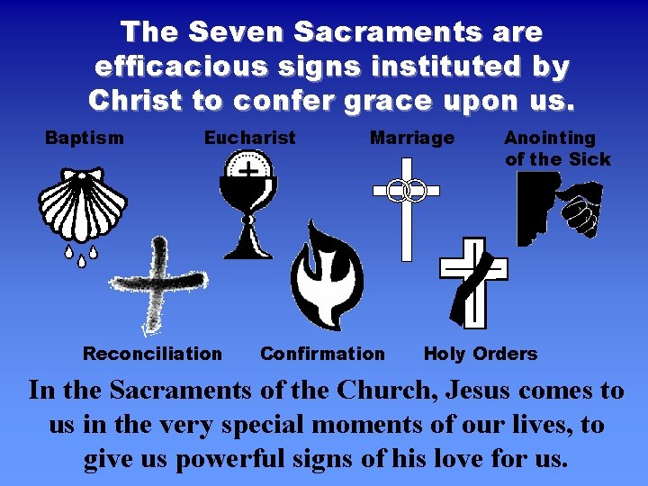 The Seven Sacraments are efficacious signs instituted by Christ to confer grace upon us. The Seven Sacraments are efficacious signs instituted by Christ to confer grace upon us.
