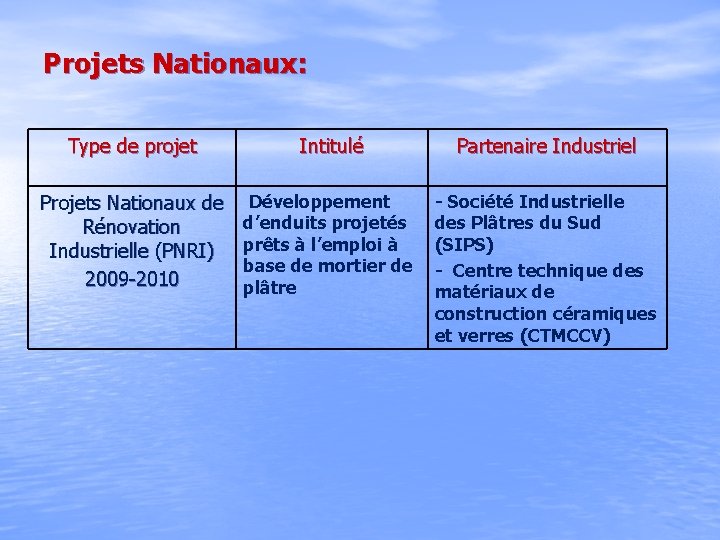 Projets Nationaux: Type de projet Projets Nationaux de Rénovation Industrielle (PNRI) 2009 -2010 Intitulé
