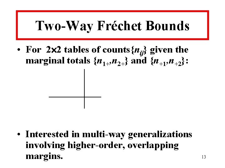 Two-Way Fréchet Bounds • For 2 2 tables of counts{nij} given the marginal totals