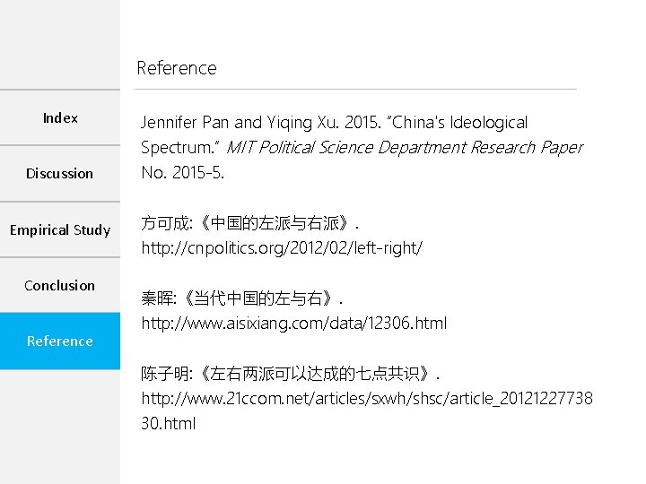 Reference Index Jennifer Pan and Yiqing Xu. 2015. “China's Ideological Spectrum. ” MIT Political