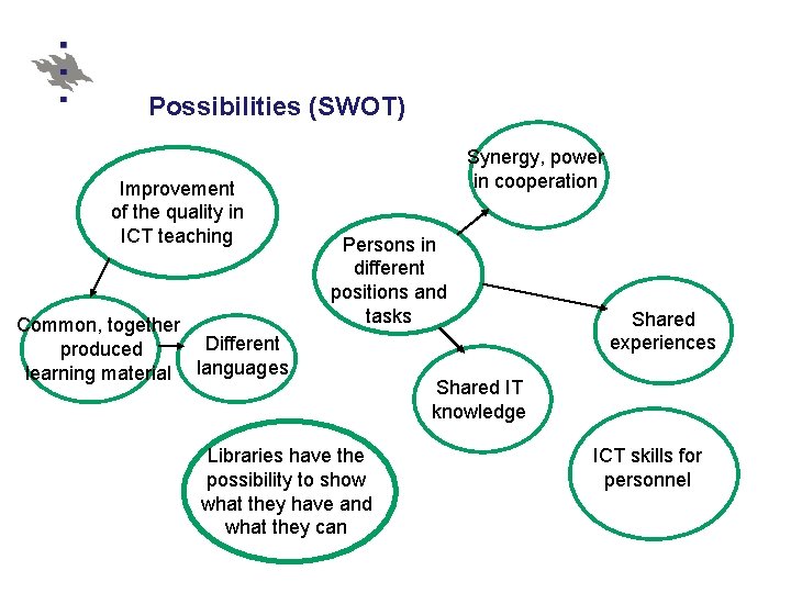 Possibilities (SWOT) Improvement of the quality in ICT teaching Common, together Different produced learning Possibilities (SWOT) Improvement of the quality in ICT teaching Common, together Different produced learning