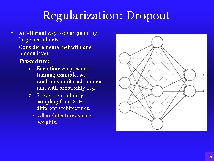 Regularization: Dropout • An efficient way to average many • • large neural nets. Regularization: Dropout • An efficient way to average many • • large neural nets.