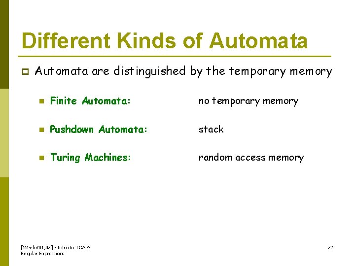 Different Kinds of Automata p Automata are distinguished by the temporary memory n Finite