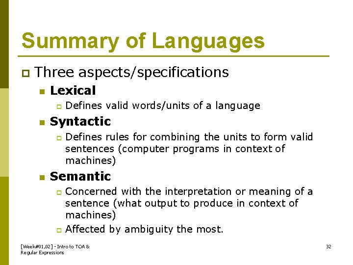 Summary of Languages p Three aspects/specifications n Lexical p n Syntactic p n Defines