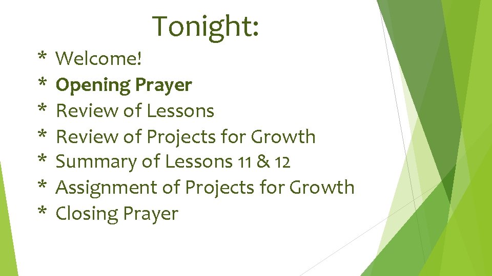 Tonight: * Welcome! * Opening Prayer * Review of Lessons * Review of Projects