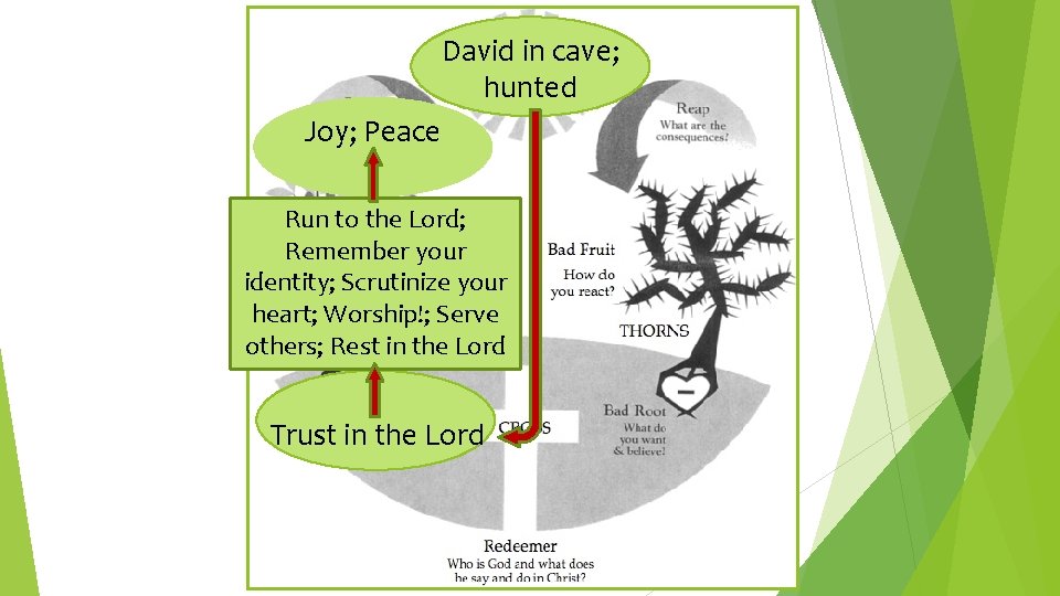 David in cave; hunted Joy; Peace Run to the Lord; Remember your identity; Scrutinize