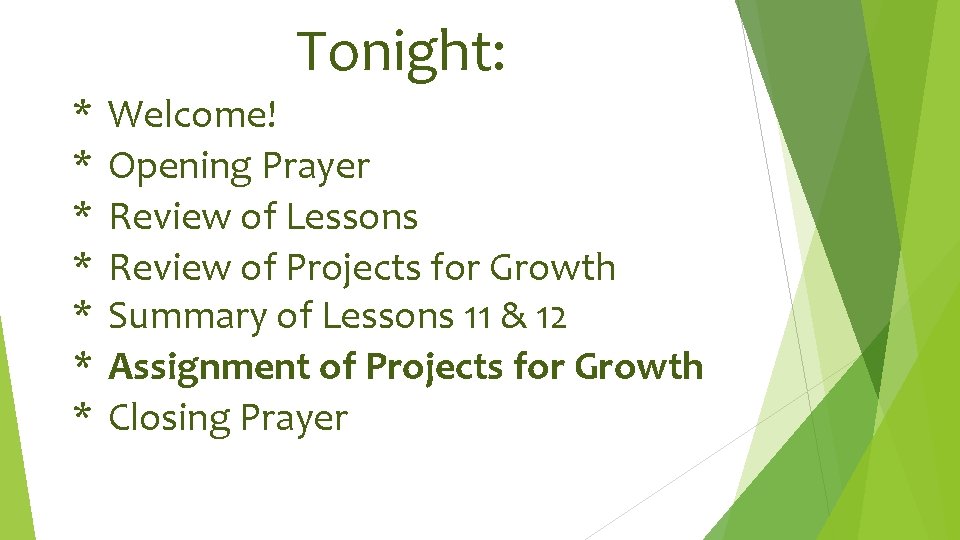 Tonight: * Welcome! * Opening Prayer * Review of Lessons * Review of Projects