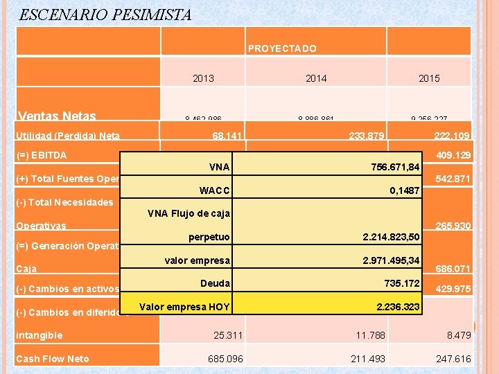 ESCENARIO PESIMISTA Ventas Netas Utilidad (Perdida) Neta PROYECTADO 2013 2014 2015 8. 462. 986