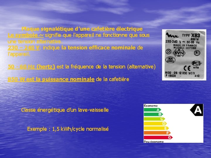 Plaque signalétique d’une cafetière électrique Le symbole ~ signifie que l'appareil ne fonctionne que