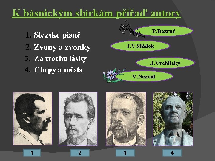 K básnickým sbírkám přiřaď autory 1. Slezské písně 2. Zvony a zvonky P. Bezruč