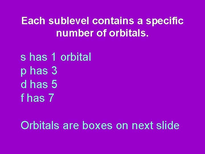 Each sublevel contains a specific number of orbitals. s has 1 orbital p has
