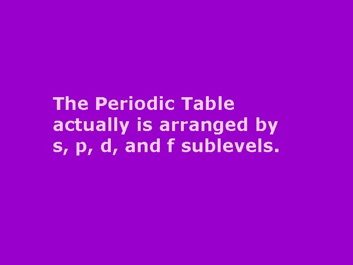 The Periodic Table actually is arranged by s, p, d, and f sublevels. 