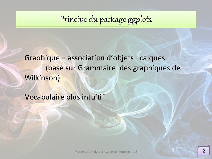 Principe du package ggplot 2 Graphique = association d’objets : calques (basé sur Grammaire