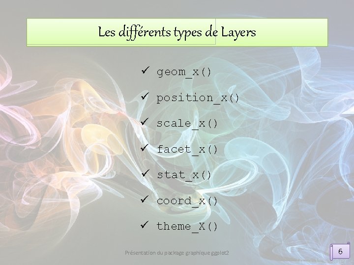 Les différents types de Layers ü geom_x() ü position_x() ü scale_x() ü facet_x() ü