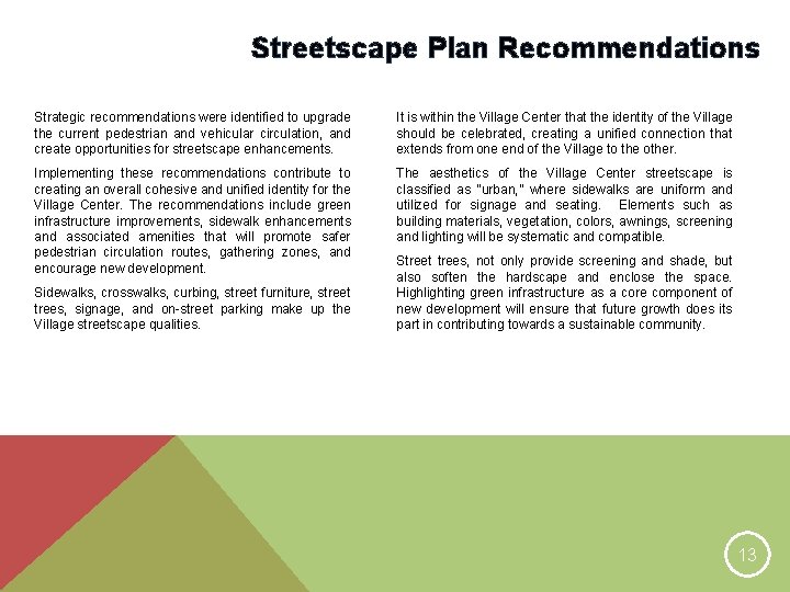 Streetscape Plan Recommendations Strategic recommendations were identified to upgrade the current pedestrian and vehicular