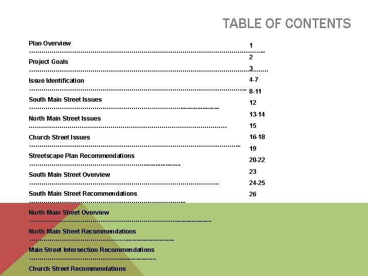 TABLE OF CONTENTS Plan Overview 1 …………………………………………………. . 2 Project Goals 3 …………………………………………………… 4