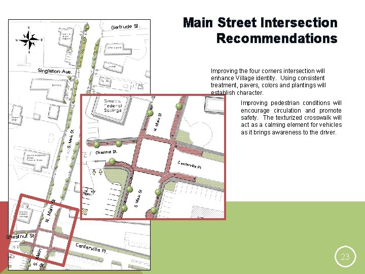 Main Street Intersection Recommendations Gertrude St. Improving the four corners intersection will enhance Village