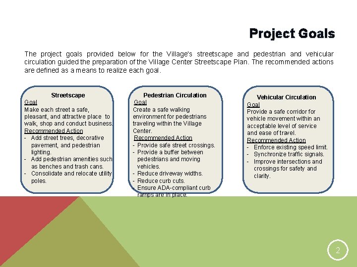 Project Goals The project goals provided below for the Village’s streetscape and pedestrian and