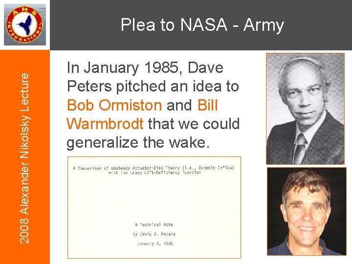 2008 Alexander Nikolsky Lecture Plea to NASA - Army In January 1985, Dave Peters