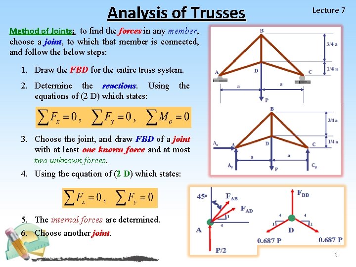 Analysis of Trusses Lecture 7 Method of Joints: to find the forces in any