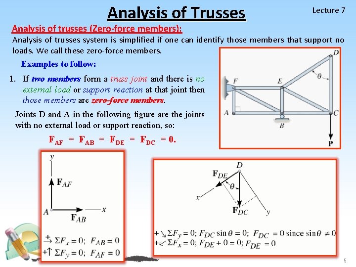 Analysis of Trusses Lecture 7 Analysis of trusses (Zero-force members): Analysis of trusses system