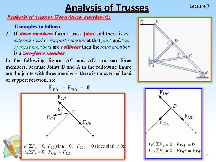 Analysis of Trusses Lecture 7 Analysis of trusses (Zero-force members): Examples to follow: 2.