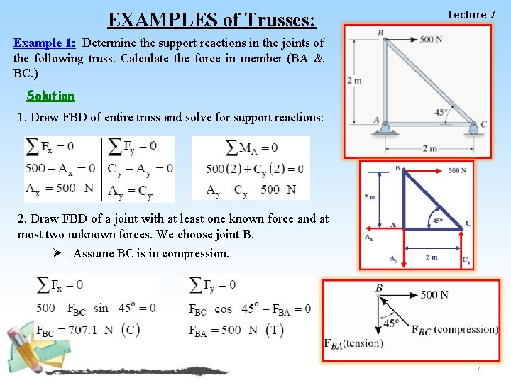 EXAMPLES of Trusses: Lecture 7 Example 1: Determine the support reactions in the joints