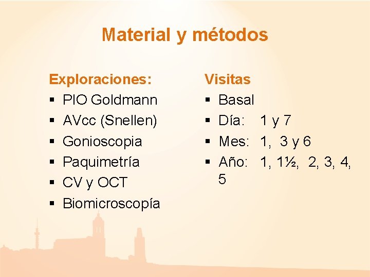 Material y métodos Exploraciones: § PIO Goldmann § AVcc (Snellen) § Gonioscopia § Paquimetría Material y métodos Exploraciones: § PIO Goldmann § AVcc (Snellen) § Gonioscopia § Paquimetría