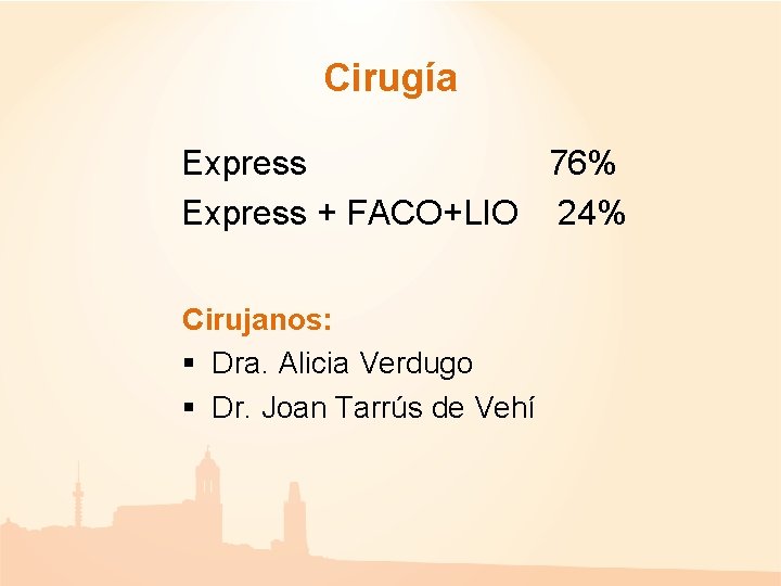 Cirugía Express 76% Express + FACO+LIO 24% Cirujanos: § Dra. Alicia Verdugo § Dr. Cirugía Express 76% Express + FACO+LIO 24% Cirujanos: § Dra. Alicia Verdugo § Dr.