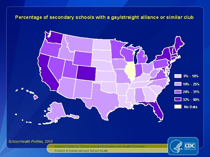 Percentage of secondary schools with a gay/straight alliance or similar club 9% - 18%