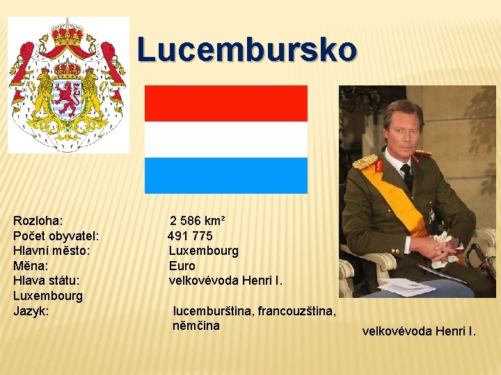 Lucembursko Rozloha: 2 586 km² Počet obyvatel: 491 775 Hlavní město: Luxembourg Měna: Euro