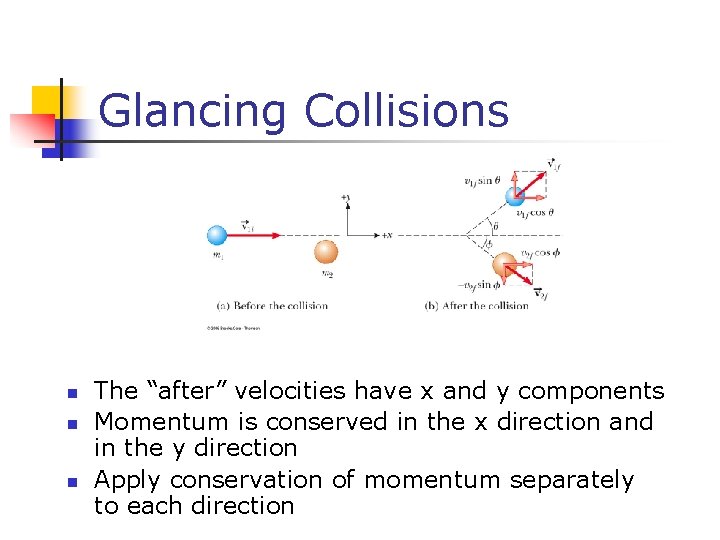 Glancing Collisions n n n The “after” velocities have x and y components Momentum
