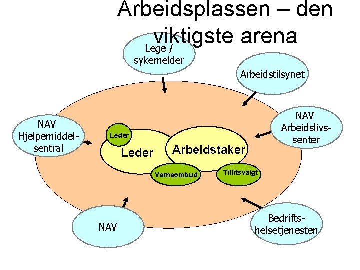 Arbeidsplassen – den viktigste arena Lege / sykemelder Arbeidstilsynet NAV Hjelpemiddelsentral NAV Arbeidslivssenter Leder