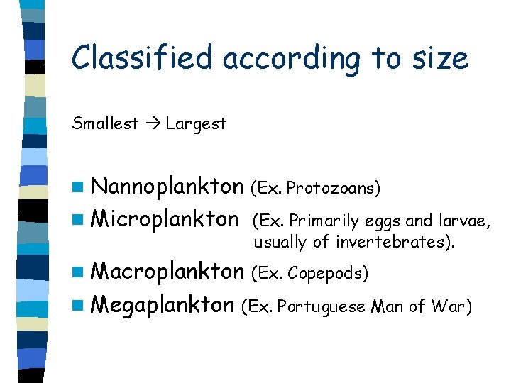 Classified according to size Smallest Largest n Nannoplankton (Ex. Protozoans) n Microplankton (Ex. Primarily