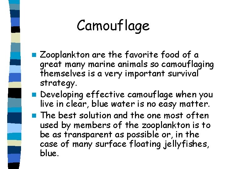 Camouflage Zooplankton are the favorite food of a great many marine animals so camouflaging