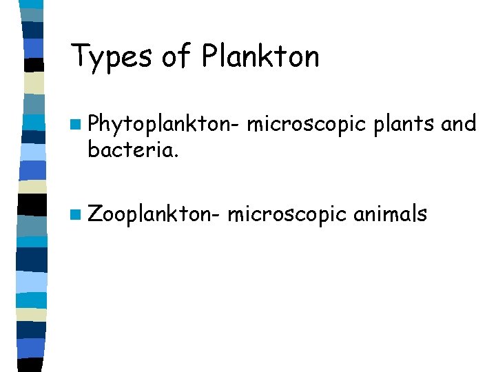 Types of Plankton n Phytoplankton- bacteria. n Zooplankton- microscopic plants and microscopic animals 