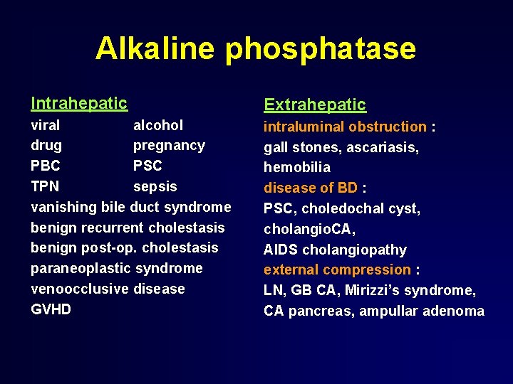 Alkaline phosphatase Intrahepatic Extrahepatic viral alcohol drug pregnancy PBC PSC TPN sepsis vanishing bile