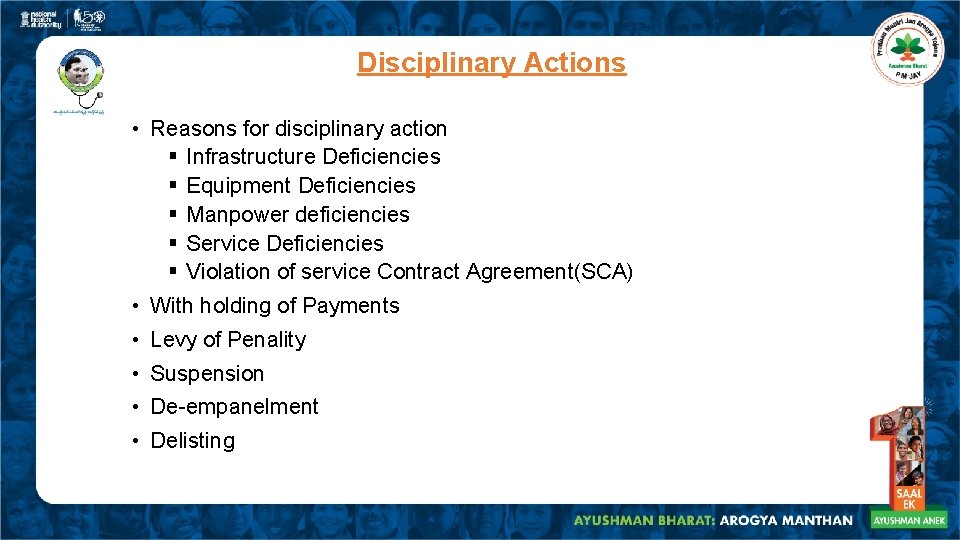 Disciplinary Actions • Reasons for disciplinary action § Infrastructure Deficiencies § Equipment Deficiencies § Disciplinary Actions • Reasons for disciplinary action § Infrastructure Deficiencies § Equipment Deficiencies §