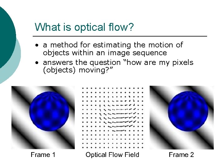 What is optical flow? • a method for estimating the motion of objects within