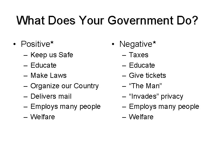 What Does Your Government Do? • Positive* – – – – Keep us Safe