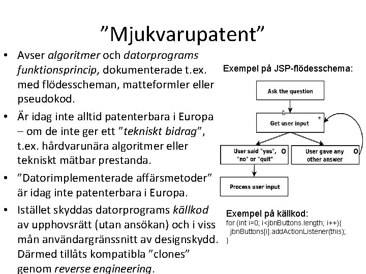 ”Mjukvarupatent” • Avser algoritmer och datorprograms funktionsprincip, dokumenterade t. ex. Exempel på JSP-flödesschema: med