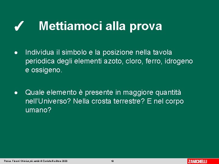 ✓ Mettiamoci alla prova Individua il simbolo e la posizione nella tavola periodica degli