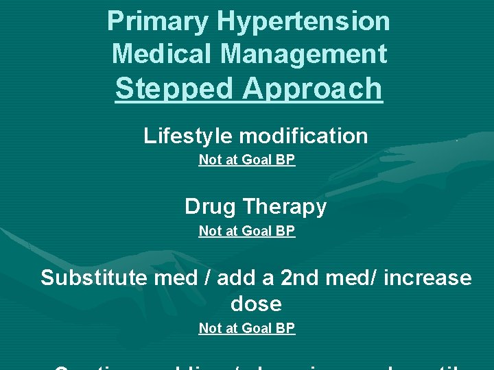 Primary Hypertension Medical Management Stepped Approach Lifestyle modification Not at Goal BP Drug Therapy